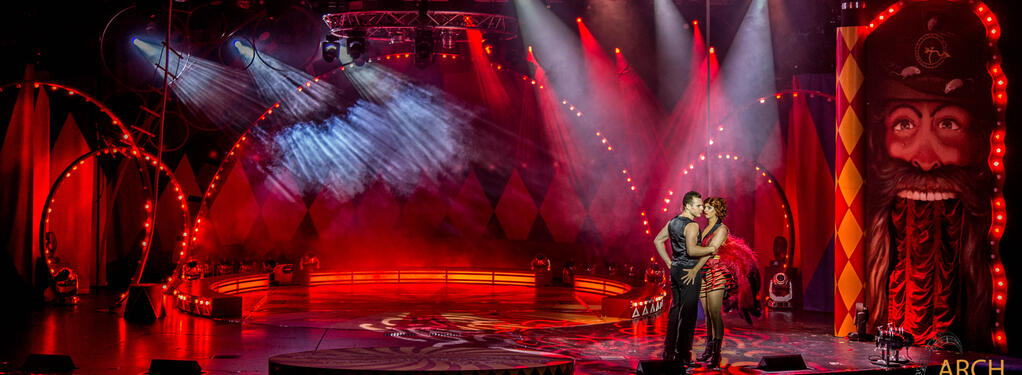 Photograph from Mr Tickertons Clockwork Circus - lighting design by Archer